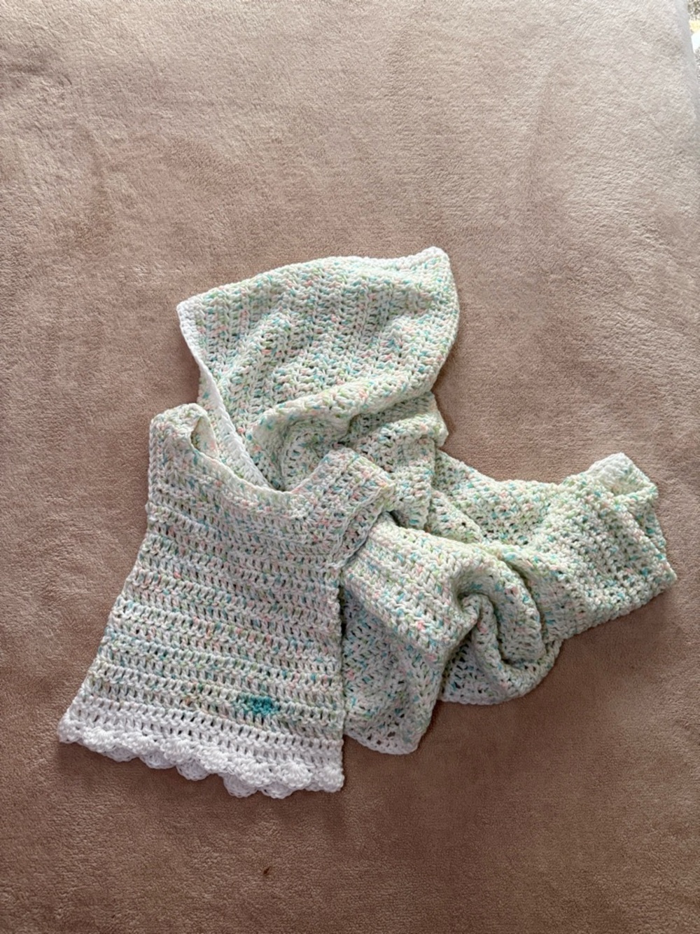 Hand Crafted Crochet Scallop Edge Baby Blanket and Matching Dress- Mint Speckle